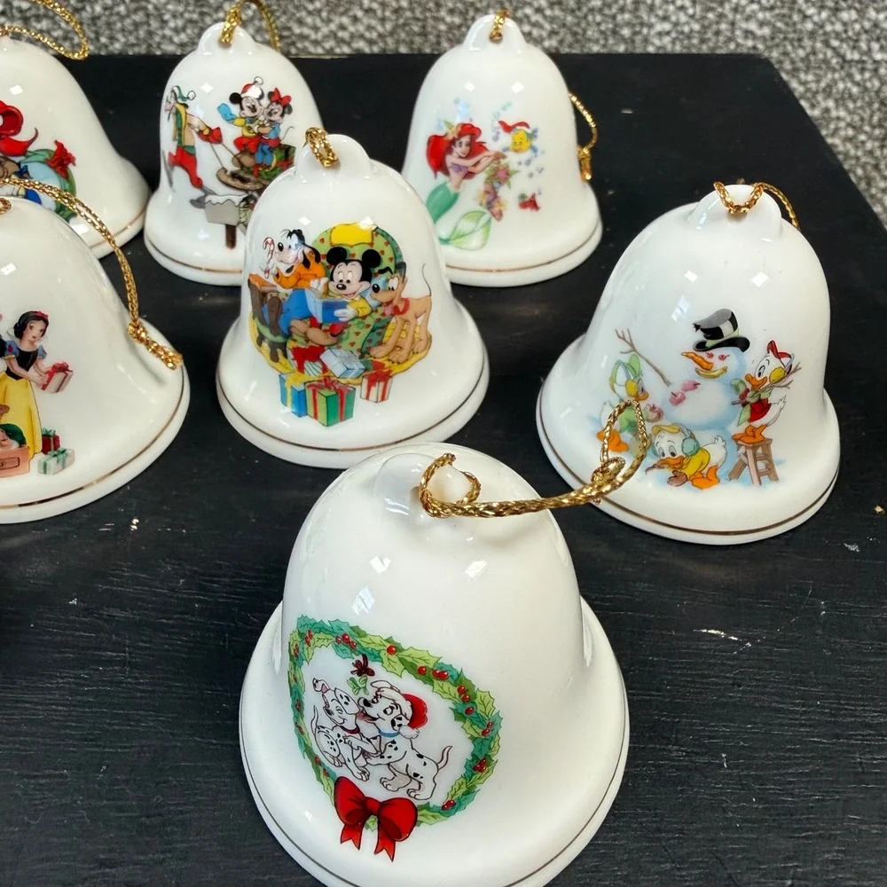 Grolier Disney Christmas 1997 Bell Ornaments Set of 12 White Porcelain Vintage